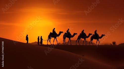 Nomadic Family in Colorful Attire Traveling on Camels in Rajasthan's Thar Desert at Sunset