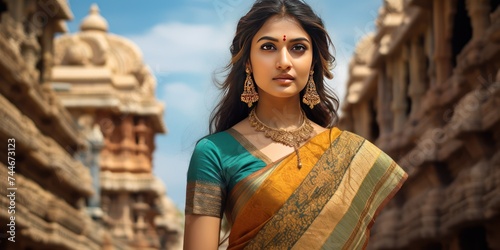 Timeless Beauty of South India Woman in Kanjeevaram Saree by Majestic Temple