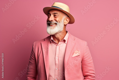 Charming senior man in a stylish pink blazer & hat beams with joy against a pink