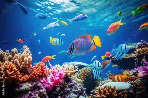 Lively underwater scene with small colorful fish and picturesque coral reef habitat