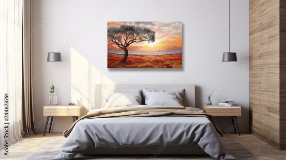 modern bedroom with a large bed and painting on the wall. modern bedroom with a large bed and painting on the wall.