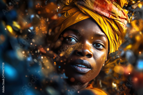 Captivating portrait of a afro american woman with striking eyes, adorned in a richly hued headwrap photo
