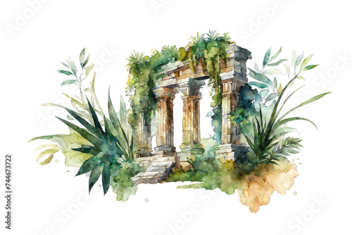 Ancient ruins nestles in a jungle with overgrown vegetation watercolor illustration photo