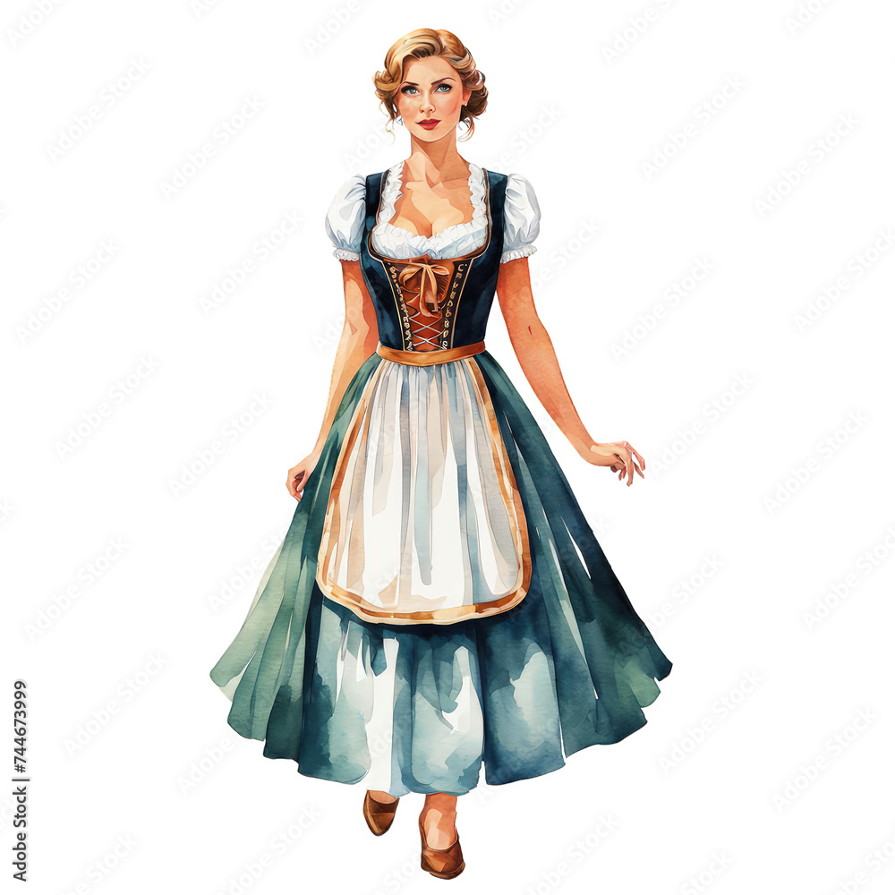 Woman wearing Traditional Germany dirndl dress watercolor illustration, beautiful female attire