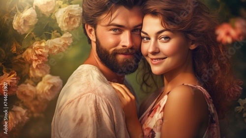 Romantic portrait of loving couple of young man and beautiful woman
