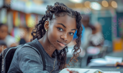 Inclusive image of a happy female african american pupil studying at school. University student studying and revising for exams. Diversity and ethnic minority representation at college. AI generated photo