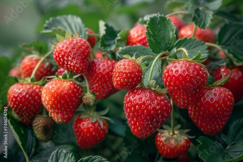 A vibrant and bountiful cluster of fresh, organic strawberries adorn a thriving alpine strawberry plant, showcasing the natural beauty and deliciousness of this superfood accessory fruit