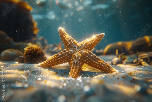 A colorful starfish delicately rests on the warm sand, showcasing the diversity and wonder of marine invertebrates in its natural underwater habitat