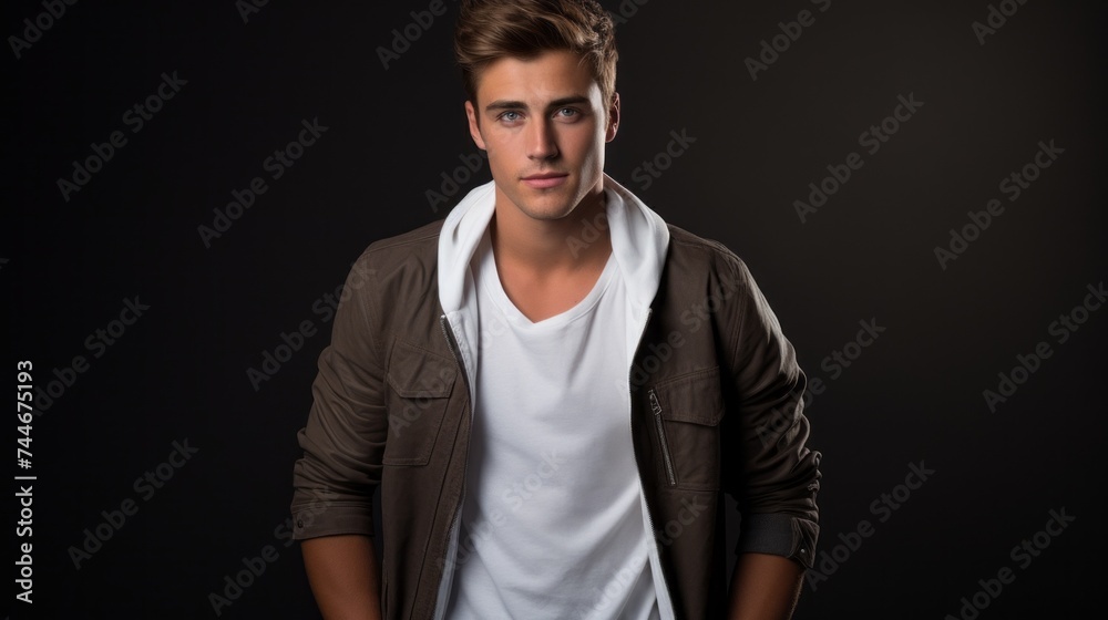 Naklejka premium A handsome attractive stylish young man, a model wearing casual clothes, looks at the camera on a black background.