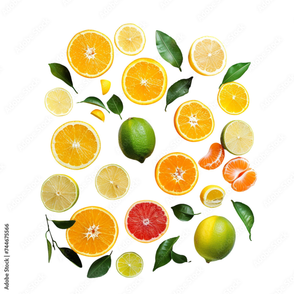 various citrus fruits isolated on a white background, top view.