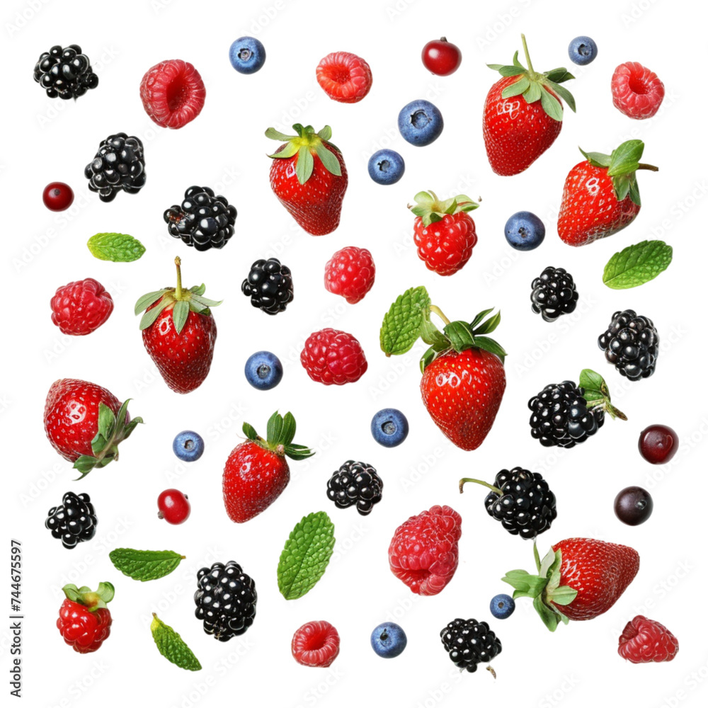 various fresh berries isolated on a white background, top view. With clipping path. various fresh berries isolated on a white background, top view. With clipping path.