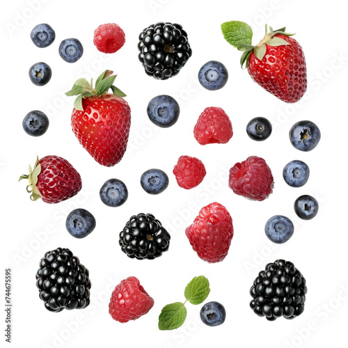 various fresh berries isolated on a white background, top view. With clipping path.