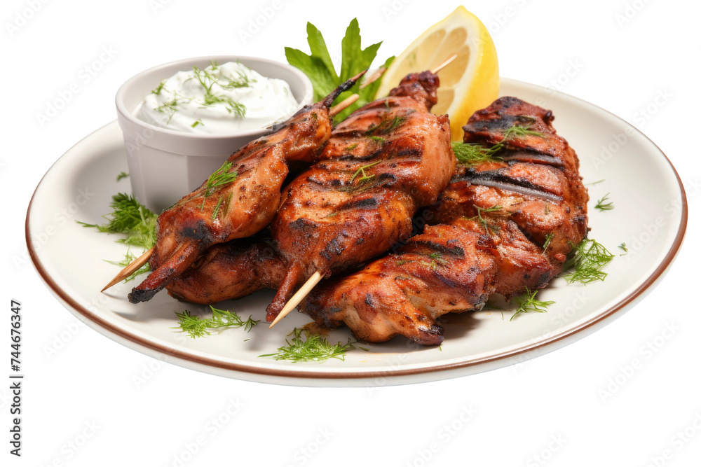 Marinated Chicken Skewers Indulgence Isolated on Transparent Background, PNG format