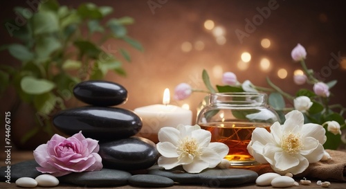Relax still life with zen pebble stones, candle. Spa wellness tranquil scene