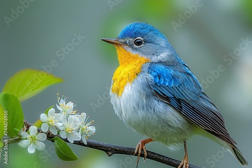 A vibrant blue songbird perched on a delicate branch, its melodious tune filling the outdoor air as it admires a blooming flower