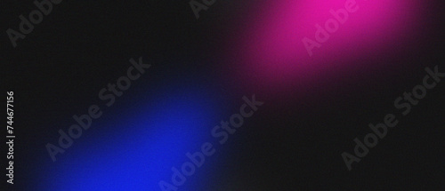 Blue pink illuminated spots on black, grainy color gradient background, noise texture effect, copy space 