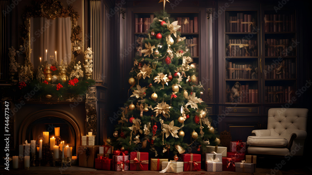 The magical allure of Christmas: twinkling tree adorned with ornaments and a haul of captivating gifts