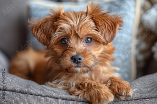 A cozy indoor companion, a playful yorkipoo puppy rests on a brown couch, exuding warmth and comfort