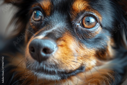 Captivatingly curious, this endearing companion dog of a specific breed gazes up with playful puppy eyes, showcasing the timeless bond between humans and their loyal mammalian pets
