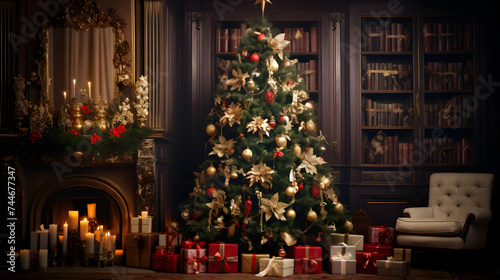 The magical allure of Christmas: twinkling tree adorned with ornaments and a haul of captivating gifts