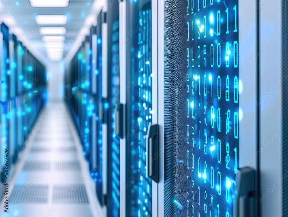 Secure Data Haven: Padlock and Servers. A metallic padlock symbolically securing a corridor of server racks, illustrating data protection and cyber security concepts.