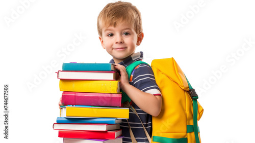 Sitting kid boy with books ready for school transparent background 