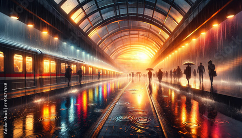 Commuters walking in a futuristic train station during sunset.