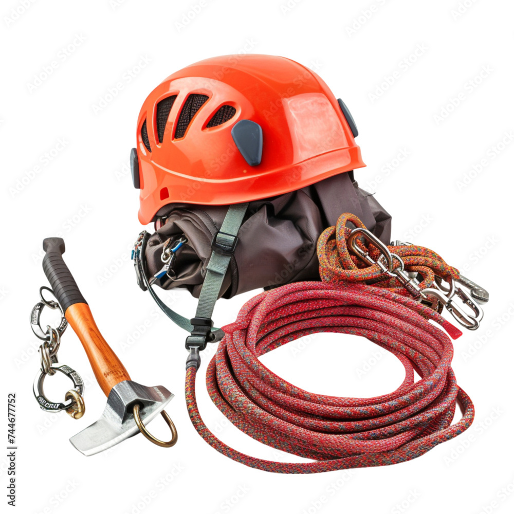Fototapeta premium Climbing rope, carabiners, ice axe, helmet. Isolated on white