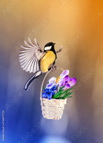 bird tit flies with a festive basket of spring crocus flowers in sunny day