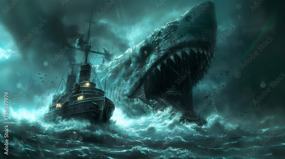 Ryba potwór wyłania się z głębin oceanu na którym panuje sztorm. Ludzie ze statku są przerażeni. - obrazy, fototapety, plakaty 