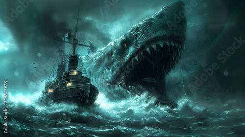 Ryba potwór wyłania się z głębin oceanu na którym panuje sztorm. Ludzie ze statku są przerażeni.
