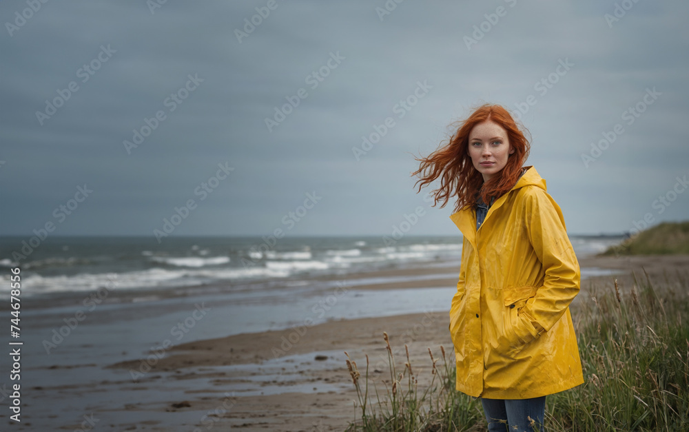 Rothaarige Frau mit gelber Regenjacke an der Nordsee Rothaarige Frau mit gelber Regenjacke an der Nordsee