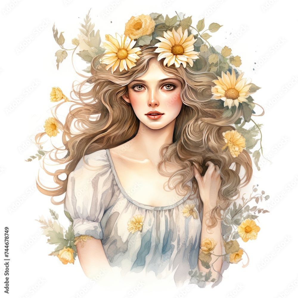 Renaissance Daisy Floral Lady Watercolor Clipart for Elegant Designs