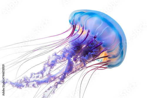 Blue and Purple Jellyfish Floating in the Water. A blue and purple jellyfish gracefully floats in the water, showcasing its vibrant colors and delicate movement. photo