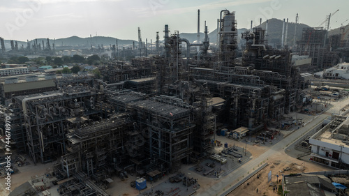 industrial plant construction, large new oil refinery and petrochemical construction project, aerial view