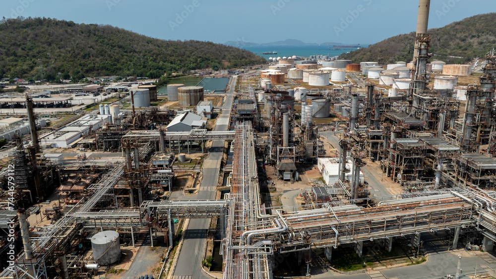 Naklejka premium large fuel storage tanks petrochemical and lgas. oil refinery industrial zone. aerial view