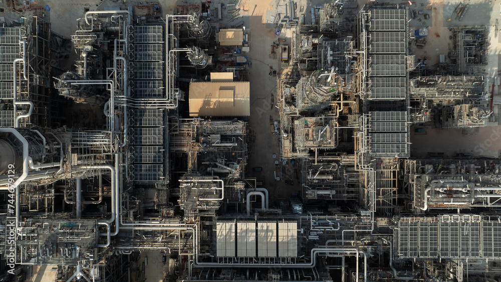 industrial plant construction site, large new oil refinery and petrochemical construction project, aerial view