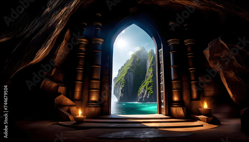 round rock entrance to a mysterious tropical rock temple, magic inscription on the door, fantasy art and painting, photo