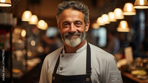 A friendly male chef smiling in a well-lit restaurant kitchen, radiating confidence and culinary expertise.