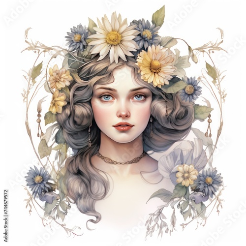 Renaissance Daisy Floral Lady Watercolor Clipart for Elegant Designs