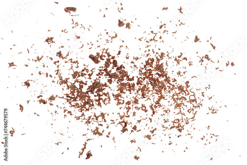 Chopped, shavings chocolate isolated on white, top view	 photo
