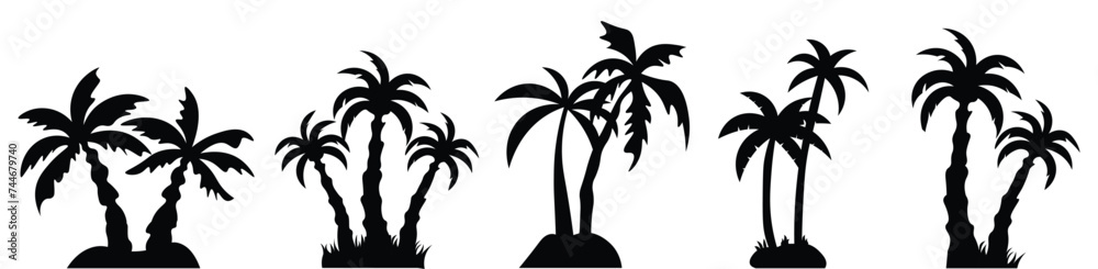 Fototapeta premium Tropical palm trees vector set. Summer silhouette Black palm tree icon symbol vector sign isolated on white background. Vector illustration.