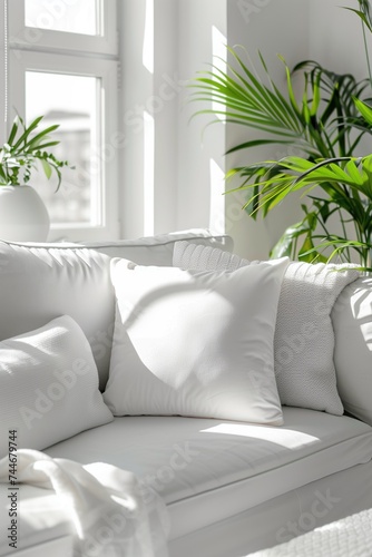 White Pillow Mockup in Bright Scandinavian Living Room with Sunlight