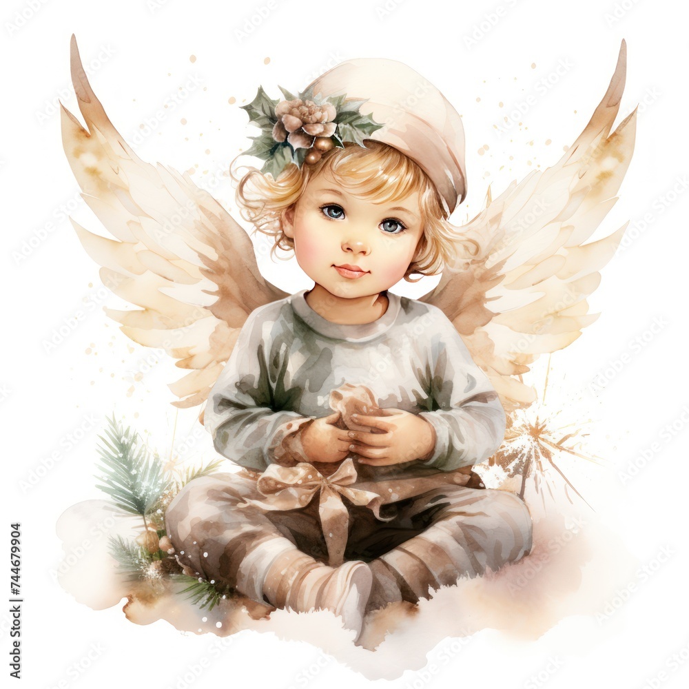 Fototapeta premium Christmas Baby Angel Watercolor Clipart for Festive Designs