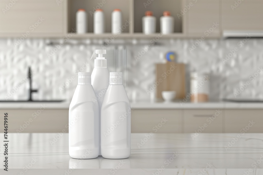 Cleaning the house. white bottles with cleaning detergents stand on the kitchen table