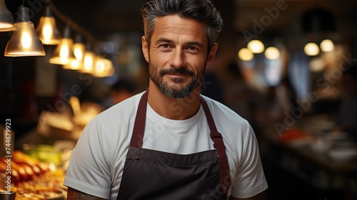 A friendly male chef smiling in a well-lit restaurant kitchen, radiating confidence and culinary expertise.