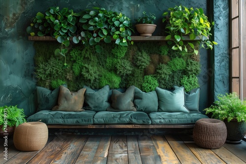 green room with sofa chair and moss