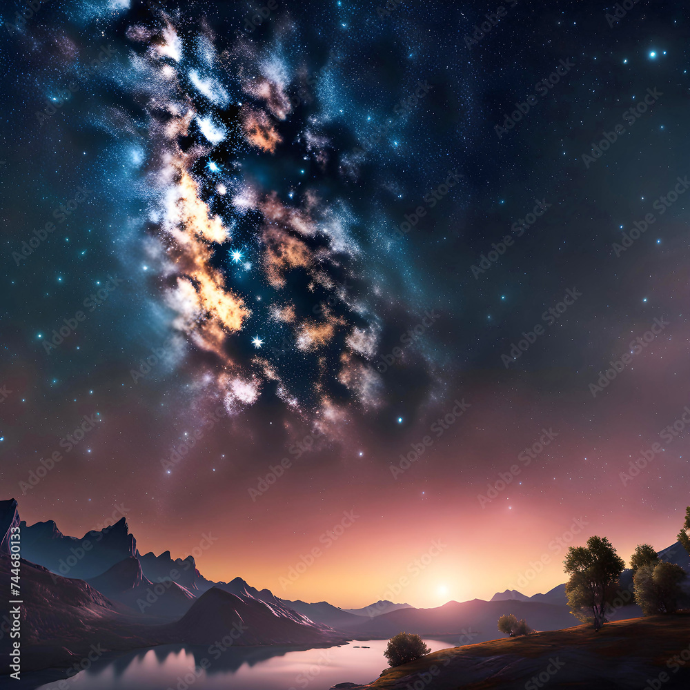 Naklejka premium dark night starry sky with the Milky Way, night landscape,