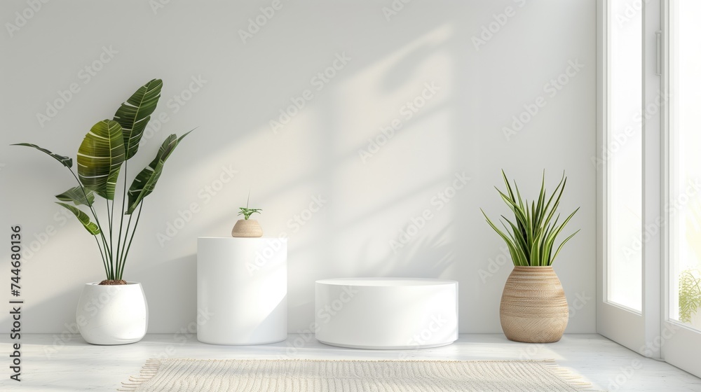 3D Product Presentation: Bright White Studio Backdrop with Floral Shadows and Copy Space