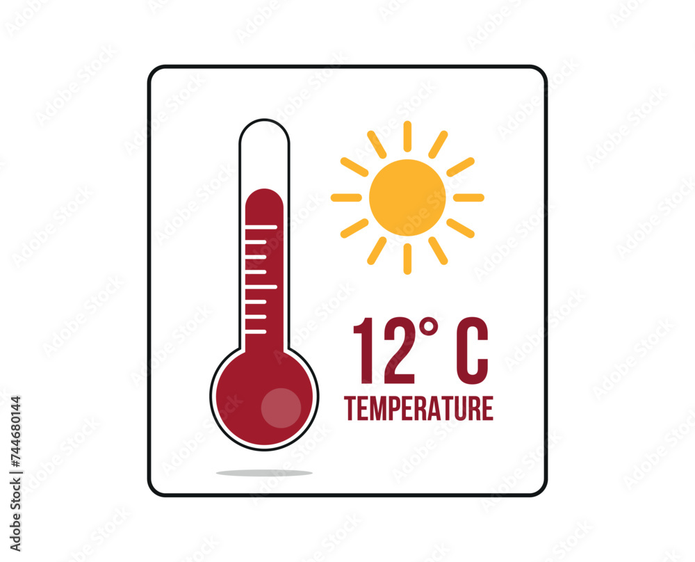 12° C. Thermometer 12 degrees Celsius. Vector for weather and climate forecast with yellow sun 12° C. Thermometer 12 degrees Celsius. Vector for weather and climate forecast with yellow sun